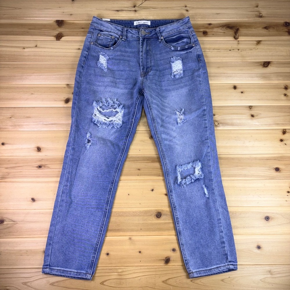 Almost Famous Jeans Womens 5 Distressed Mid Rise Boyfriend Fit Denim Blue Jeans